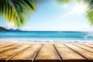 Sunlit tropical beach with palm leaves, wooden deck, turquoise ocean, and clear sky.