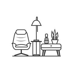A Line Drawing of a Chair Side Table Lamp and Plant