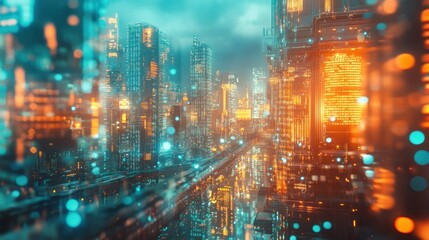 Futuristic Cityscape with Orange and Blue Lights