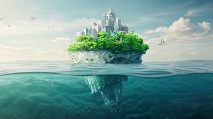 Obraz premium A surreal ocean scene with plastic waste transformed into floating islands, highlighting pollution and waste management challenges