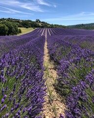 Naklejka premium A vibrant lavender field stretching towards the horizon under a clear blue sky, showcasing nature's beauty and tranquility.
