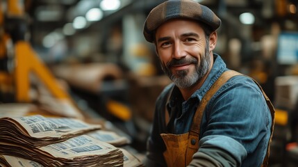 A focused printing worker carefully inspects freshly printed newspaper sheets in an industrial print shop. The worker demonstrates attention to detail as he checks the quality of the print.