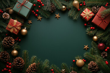 Christmas background with green color and Christmas decorations, golden stars, and red ribbon decoration on the right side of a green table mock-up. 
