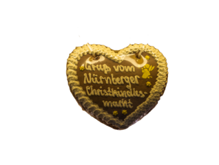 Lebkuchenherz Gruß vom Christkindlesmarkt Nürnberg freigestellt Studio