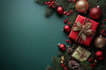 Christmas background with green color and Christmas decorations, golden stars, and red ribbon decoration on the right side of a green table mock-up. 