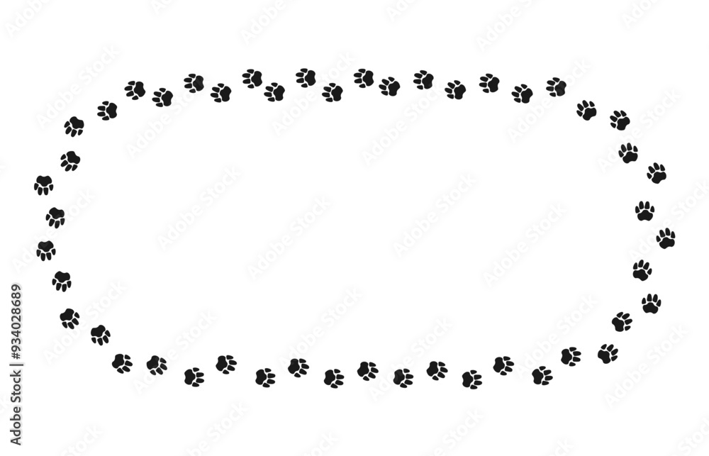 Poster animal paw print rectangular frame with blank space for text and images. border of dog or cat paw pr