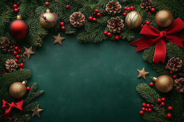 Christmas background with green color and Christmas decorations, golden stars, and red ribbon decoration on the right side of a green table mock-up. 