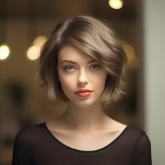 Young woman with short hair and blue eyes posing indoors with soft lighting and a neutral expression