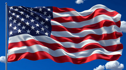 Fototapeta premium An American flag waving in the wind, symbolizing patriotism and national pride. Suitable for national holidays like Independence Day.