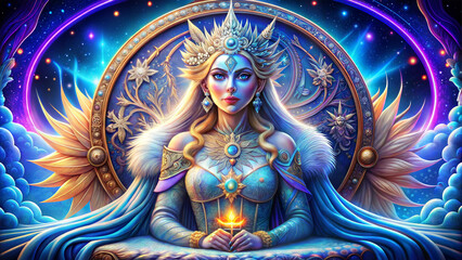 The Mystical Snow Queen with an Enchanting Presence Surrounded by Glimmering Ice Crystals Against a Winter Wonderland Background