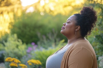 Profile view of a plus-size woman of African descent practicing deep breathing in a serene garden, symbolizing mindfulness and self-acceptance (focus on, theme: breathwork) in a natural setting