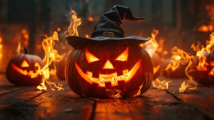 laughing Jack-o-lantern Halloween pumpkins with witches hat and fire flame, Halloween background illustration