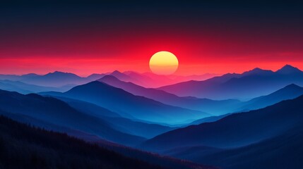 Sunset over mountain range with vibrant red and blue hues. Nature and tranquility concept
