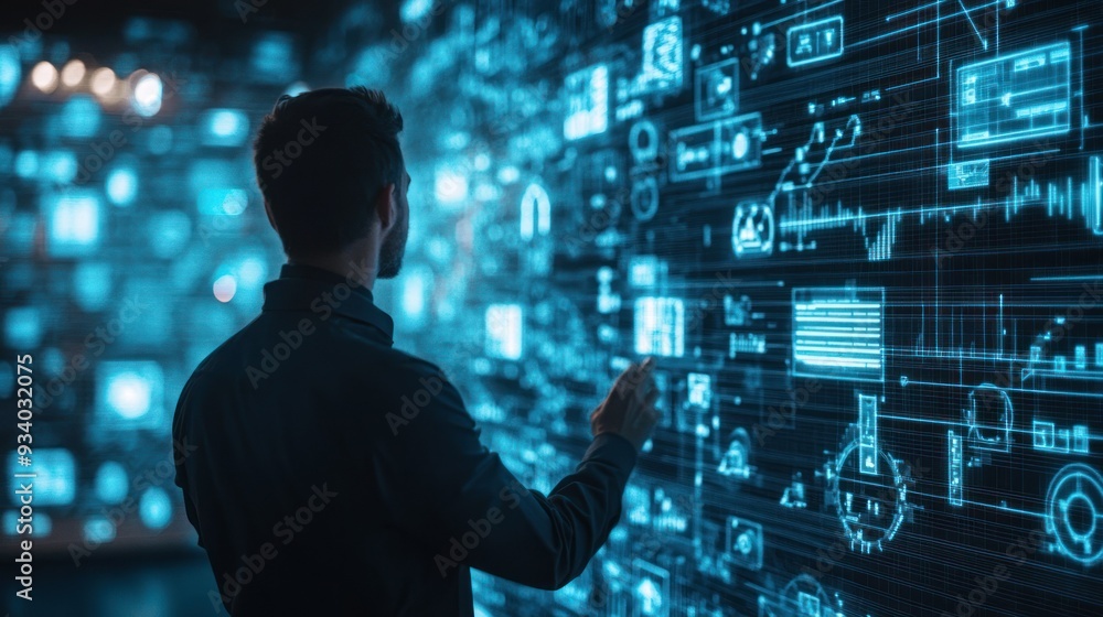 Poster Man Interacting with Futuristic Digital Interface