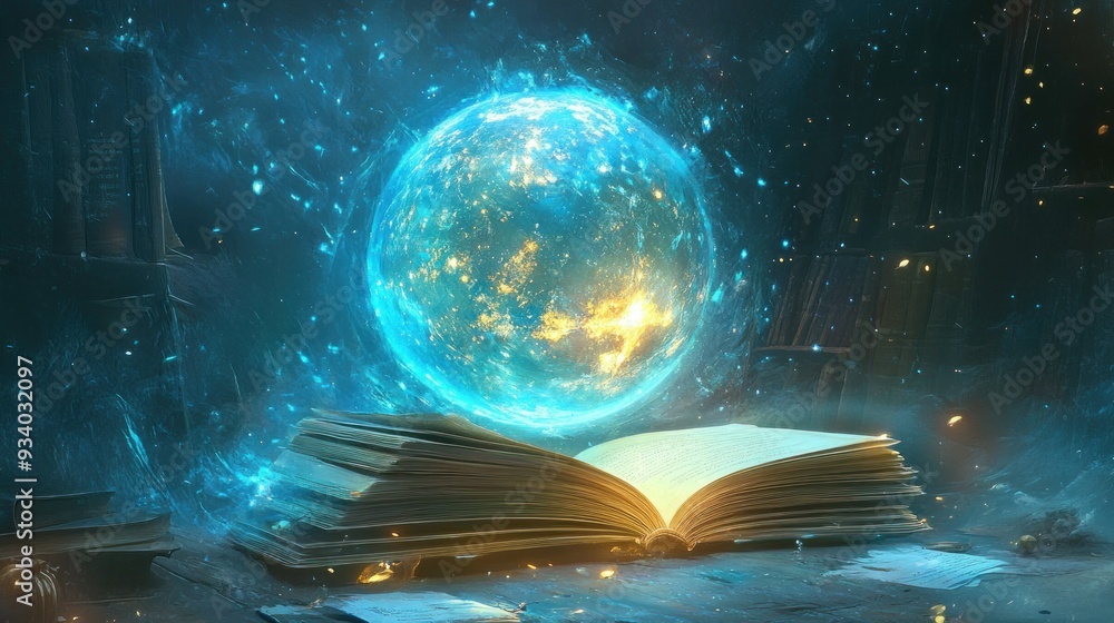 Poster glowing orb emerging from open book in dark library