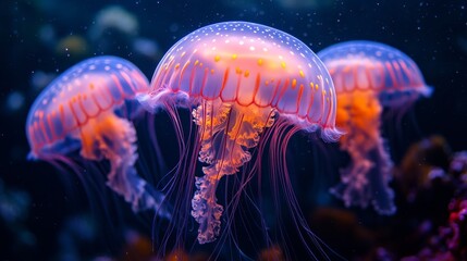 Naklejka premium Three colorful jellyfish glowing underwater, bioluminescent marine life concept