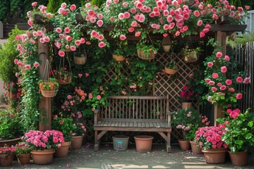 Obraz premium A cozy corner of a summer garden featuring a rustic wooden bench beneath a trellis covered in climbing roses, with a variety of potted plants and hanging baskets adding to the charm.