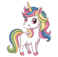 Colorful unicorn with rainbow mane and pink horn standing on a white background. Ideal for whimsical and fantasy-themed designs. © Nass Studio