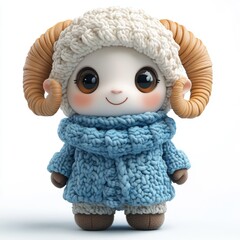 Cute Happy Ram Isolated on White Background Wearing Cold Weather or Winter Outfit. Cartoon Character - Mascot
