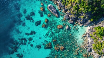 Obraz premium Aerial view of clear turquoise waters along the Thai coastline, showing vibrant coral reefs beneath.