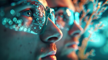 A surreal view of scientists observing holographic microscopic images