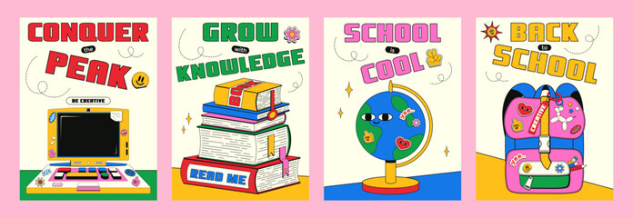 Set of trendy vertical cards with a back to school theme in retro style y2k. Vector illustration of a vintage laptop, stack of books, globe and school teenage backpack with various stickers and pears.