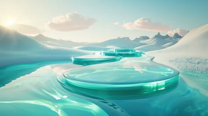 Fototapeta premium A futuristic desert landscape with rivers of liquid glass, representing innovative water conservation technologies