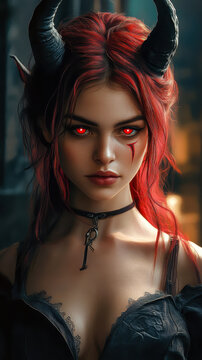 Alluring She-Devil with Horns and Fiery Red Hair Mesmerizes Lost Souls in Dark Enchanted Setting - Seduction and Mystique Concept Illustration