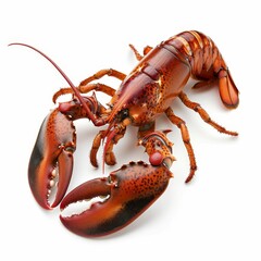 A fresh, cooked lobster with its claws extended, isolated on a white background.