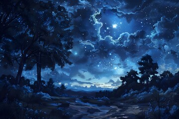 Obraz premium Enchanting Night Sky Over a Serene Landscape