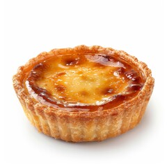 A freshly baked, golden brown custard tart with a flaky crust, isolated on a white background.
