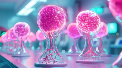 A surreal laboratory where scientists study glowing, holographic organs for groundbreaking medical research