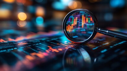 A magnifying glass highlights vibrant stock charts, reflecting the intricate details of financial data amid a softly illuminated office setting, conveying a sense of diligent market research