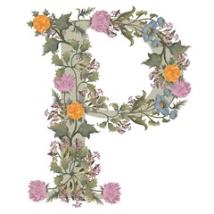 Capital letter P of the English alphabet with watercolor summer stylized flowers on a white background.