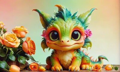 Charming Baby Dragon with Flowers