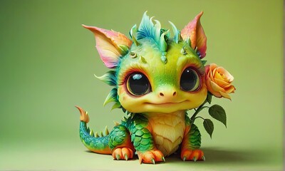Fototapeta premium Charming Baby Dragon with Flowers