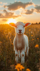 Obraz premium Young Lamb in Radiant Meadow at Sunrise, Serene Pastoral Scene, Capturing Peaceful Rural Life