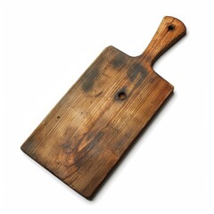 Fototapeta premium A rustic wooden cutting board with a handle, isolated on a white background.
