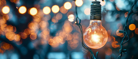 Glowing garlands, lightbulb, street lights, lantern on autumn nature background.Cozy fall ambience...