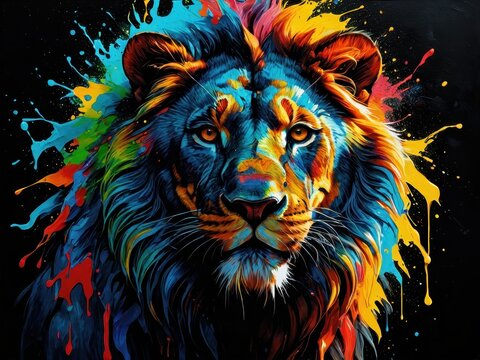 Colorful lion head portrait with dynamic splashes of paint in a vibrant artistic style