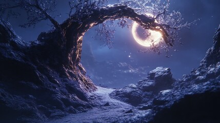 A Twisted Tree Silhouetted Against a Bright Moon in a Night Sky