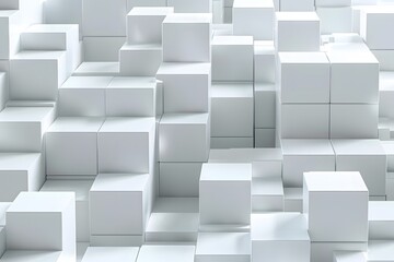 Abstract Composition of White Cubes in Varying Heights and Arrangements