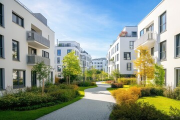 Fototapeta premium A serene pathway through a modern apartment complex with lush greenery and blue skies.