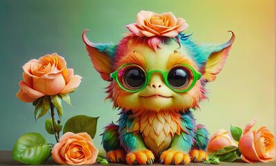 Fototapeta premium Cute Colorful Creature with Flower