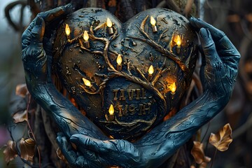Fototapeta premium Enchanted Heart Sculpture with Illuminated Branches and Hands