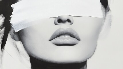 A woman's face is painted with a white brush stroke, creating a blurred effect