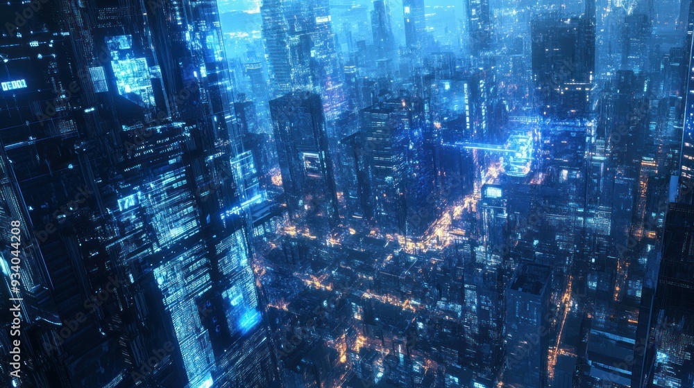 Poster futuristic cityscape with blue neon lights and code-like patterns