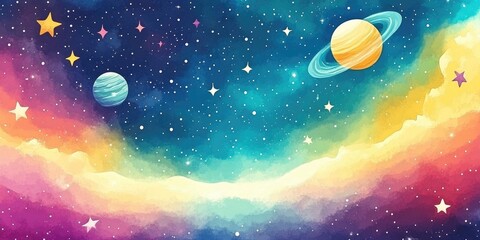 Fototapeta premium Vibrant cosmic illustration with a colorful space backdrop in a watercolor style