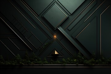 Obraz premium Abstract geometric green and gold background with greenery and a gold pyramid.