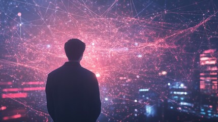 Silhouette of a Person Standing Before a Network of Lights